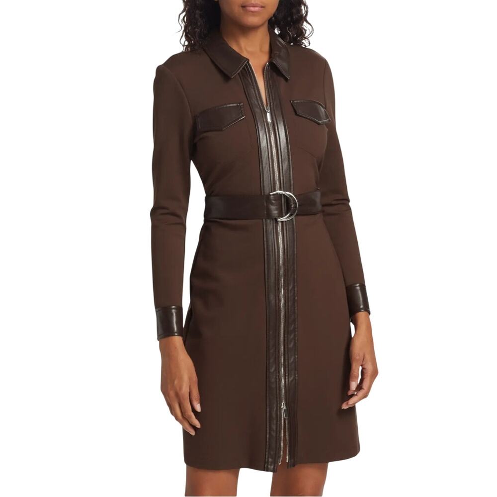 Derek Lam 10 Crosby Brown Jayda Vegan Leather-Trim Shirtsress Chocolate Size 0